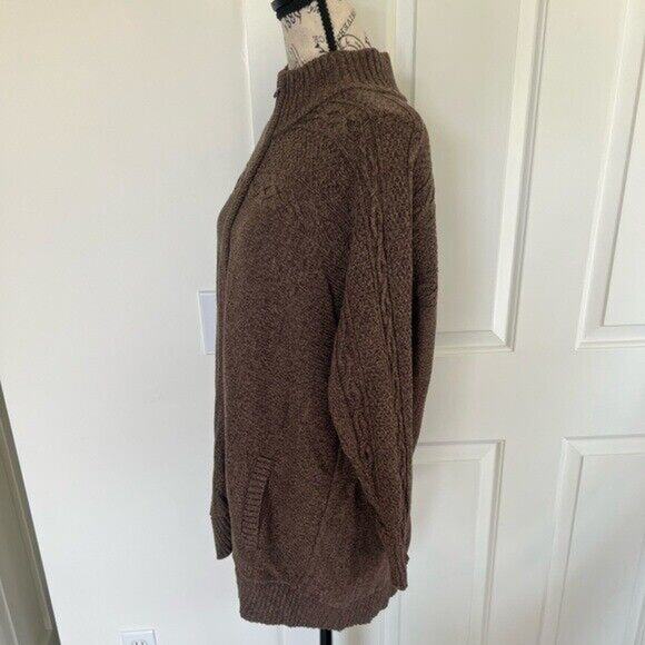 St. John’s Bay brown turtleneck neck knit zip up sweater jacket with pockets - Picture 4 of 11